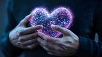 Magical glowing heart shape with sparkles and stars floating between gentle hands against dark background, creating romantic atmosphere for Valentine's day designs.