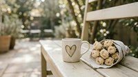 Coffee mug with heart design and dried roses on wooden table in garden setting with soft natural lighting and bokeh background.