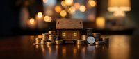 Wooden house model surrounded by golden coins on dark surface with warm bokeh lights creating cozy atmosphere for real estate investment concepts.