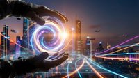 Businessman hands creating glowing energy spiral with digital light trails over futuristic smart city skyline at dusk for technology innovation concepts.