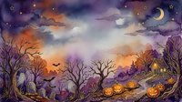 Spooky Halloween night scene with carved pumpkins, bare trees, bats flying under starry purple sky with crescent moon and glowing house in distance.