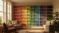 Cozy home library with rainbow colored books organized by hue on floor-to-ceiling shelves, leather armchairs and warm natural lighting for reading.
