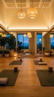 Serene yoga studio interior with bamboo pendant lights, wooden floors, meditation mats and tropical plants creating peaceful wellness atmosphere.