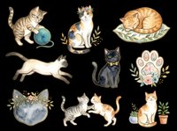 Cute watercolor cats clipart set, isolated on transparent background. Tabby, black, siamese cats with floral elements. Ready for stickers, t-shirt design, print on demand, sublimation.