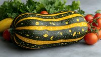Fresh striped yellow and dark green decorative squash with cherry tomatoes and herbs on gray background, seasonal autumn harvest produce for cooking.