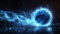 Glowing blue basketball with dynamic energy trails and particles against dark background, creating magical sports atmosphere with motion effects.