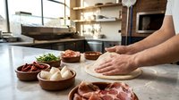 Professional chef preparing fresh pizza dough on marble counter in modern restaurant kitchen with ingredients in wooden bowls ready for cooking.