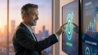 Middle-aged Caucasian businessman in suit interacting with futuristic touchscreen display showing data analytics in modern office at sunset.