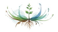 Young plant with roots and flowing organic elements in green and blue watercolor style on white background for eco-friendly design projects.