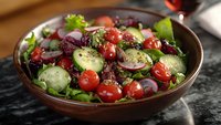 Fresh vegetable salad with cherry tomatoes, cucumber slices, red onion, and mixed greens in wooden bowl on dark marble surface.
