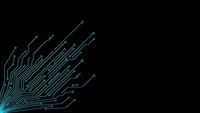 Circuit board pattern with glowing blue lines on black background for technology and electronics design projects.