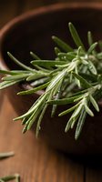 Fresh rosemary sprigs with fine needle-like leaves in terracotta bowl on wooden surface, suitable for culinary, cooking, and herb gardening content.