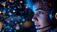 Young male gamer in headset illuminated by blue neon light with bokeh effect background, profile view showing focused expression during competitive gameplay.