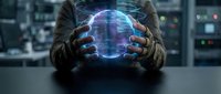 Businessman hands holding glowing holographic brain with neural networks in modern tech office environment for AI and innovation concepts.
