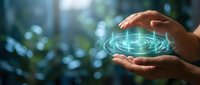 Hands holding glowing digital hologram with concentric circles and light waves, representing technology, innovation, and future digital solutions for business applications.