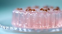 Red ants crawling on pink jelly dessert surface creating unusual food contamination scene for educational or conceptual photography projects.