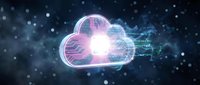 Glowing neon cloud computing icon with circuit board patterns and bright light center on dark blue digital background with bokeh effects and particles.