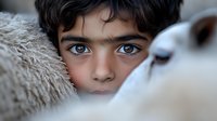 Young boy with striking blue eyes peeks through soft plush toys, creating emotional portrait with shallow depth of field and intimate perspective.