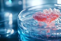 Pink coral-like structure floating in blue liquid inside glass laboratory petri dish, macro photography with selective focus and bokeh background effect.