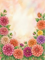 Watercolor dahlia flowers frame with soft pastel background for wedding invitations, greeting cards and floral design projects.