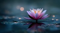 Pink water lily with dewdrops floating on dark water surface with bokeh light effects, creating serene atmosphere for wellness and meditation.