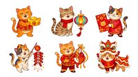 Three cute orange and tabby cats in traditional red and gold outfits celebrating lunar new year with lanterns and festive decorations. Isolated clipart suitable for greeting cards, invitations, and holiday designs.