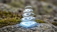 Stacked water droplets forming a tower on moss-covered stone, symbolizing balance, harmony, and zen meditation concepts for wellness and nature themes.