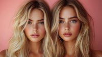 Young Caucasian female twins with blonde wavy hair and natural makeup pose against pink background, showing identical features and blue eyes for beauty and fashion concept.