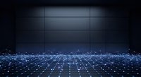 Digital grid floor with glowing blue particles and lines creating a futuristic network landscape. Suitable for technology, data, innovation, and digital transformation concepts.