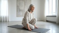 Senior woman with gray hair practicing yoga in bright, minimalist studio space. Caucasian female performing stretching exercise on mat for wellness and fitness routine.
