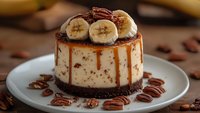 Mini banana caramel cheesecake with chocolate cookie crust, topped with fresh banana slices and pecan nuts, drizzled with salted caramel sauce on white plate.