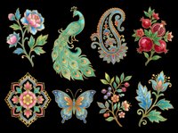 Colorful ornamental set with peacock, butterfly, paisley, pomegranate, and floral elements isolated on transparent background, ready for stickers, sublimation, and t-shirt design.