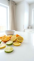 Sliced citrus fruits including oranges, lemons, and limes on a white kitchen counter with natural light and a bowl in the background.