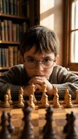 Young boy with glasses playing chess in cozy library setting with warm sunlight and wooden chessboard for educational and strategic thinking concepts.