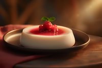 Creamy panna cotta dessert topped with fresh raspberry sauce and mint leaf on ceramic plate against dark wooden background, soft mood lighting.