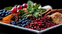 Colorful array of fresh superfoods including blueberries, cranberries, spices and herbs arranged on dark tray for healthy nutrition and cooking.