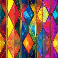 Vibrant diamond pattern with multicolored geometric shapes in red, yellow, blue and green hues creating stained glass effect, seamless repeat for fabric and wallpaper design.