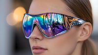 Stylish holographic sports sunglasses with rainbow reflective lens on young caucasian woman face in close up view showing modern eyewear fashion detail.