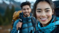 Young Asian woman smiling at camera while hiking in mountains with male companion. Outdoor adventure lifestyle with backpacks and trekking gear in nature landscape.