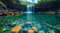 Majestic waterfall cascades over volcanic cliffs into crystal clear turquoise lagoon with underwater rocks visible through pristine water, surrounded by lush tropical vegetation.