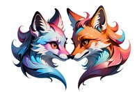 Artistic colorful fox heads with vibrant gradient fur in blue, orange, and pink tones facing each other, perfect for logo design, tattoo art or merchandise decoration.