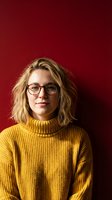Young blonde woman wearing glasses and yellow turtleneck sweater smiling against red background for professional headshot or portrait photography.