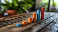 Colorful ascending bar graph blocks on rustic wooden table showing business growth concept with orange and blue elements against blurred green background.