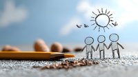 Minimalist pencil drawing of stick figure family holding hands on sandy beach with sun and birds, creative photography composition with shallow depth of field.