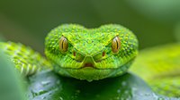 Close-up portrait of bright green pit viper snake head with yellow eyes and distinctive scales showing intricate details against blurred natural background.