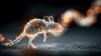 Glowing wireframe mouse with golden light effects and sparkling particles on dark background for technology and innovation concepts.