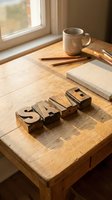 Vintage wooden letterpress blocks spelling SALE on a rustic desk with warm sunlight, notebook, and coffee mug for retail promotion.