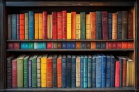 Colorful vintage hardcover books arranged on wooden bookshelf, spines showing rainbow spectrum of colors from red to blue, creating nostalgic library atmosphere.