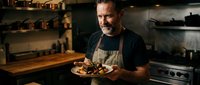 Middle-aged male chef with beard wearing apron presenting finished dish in professional kitchen setting with warm lighting and cooking equipment.
