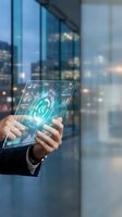 Businessman using futuristic transparent tablet with holographic interface displaying data analytics and charts in modern office building at evening.